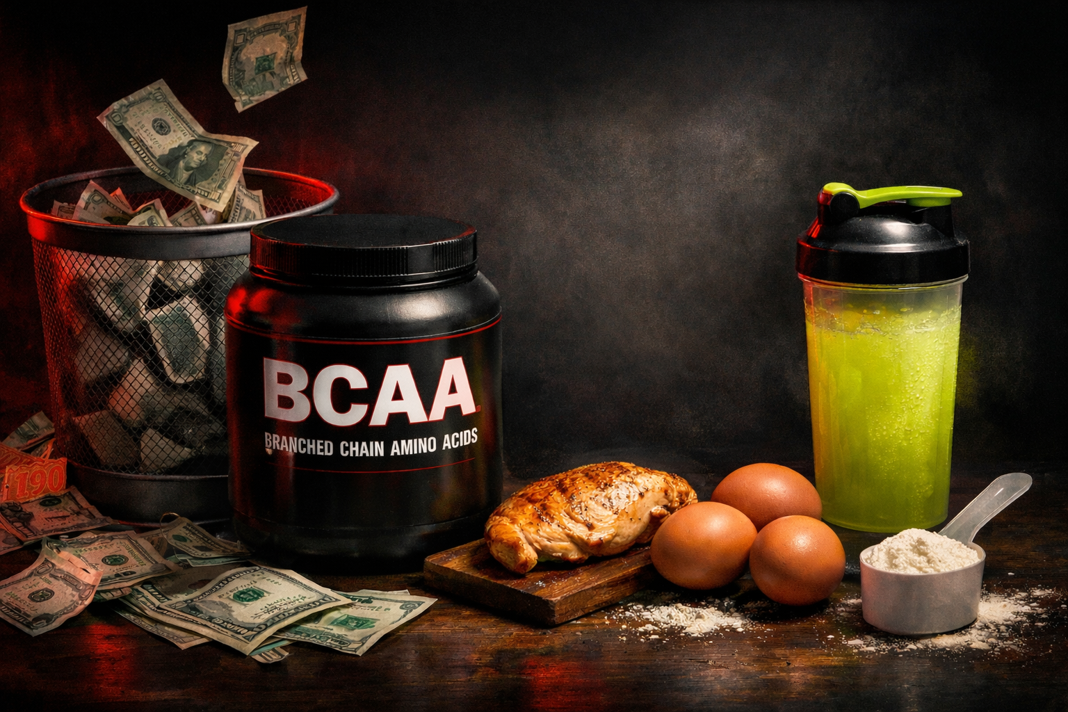 Colorful BCAA supplement powder and capsules on white surface for fitness nutrition article