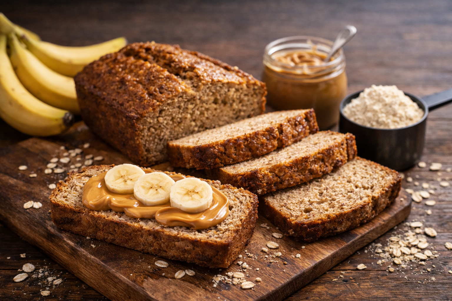 High-protein peanut butter banana bread slices on plate, macro-friendly fitness recipe