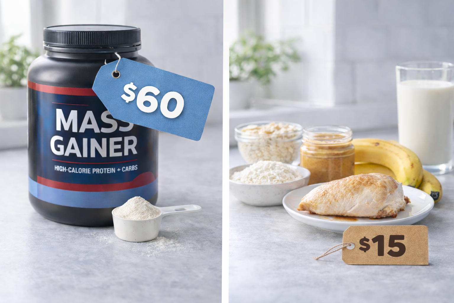 Mass gainer powder supplement in scoop with nutritional content displayed