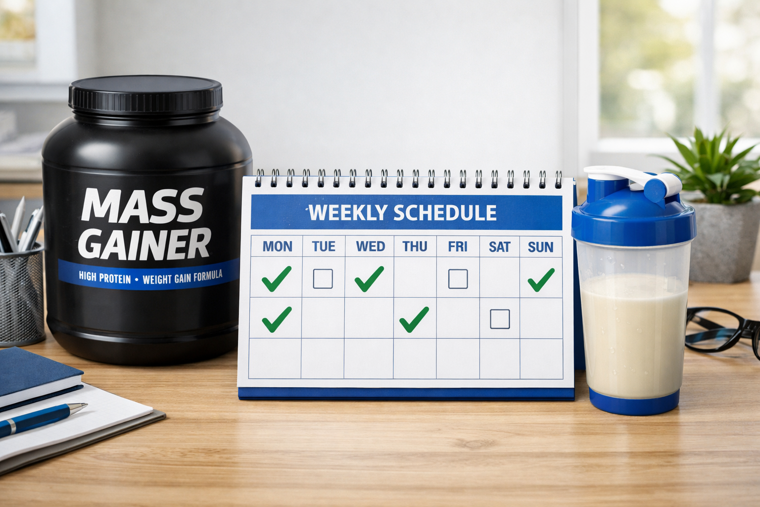 Mass gainer powder with measuring scoop on wooden surface for daily supplementation guide
