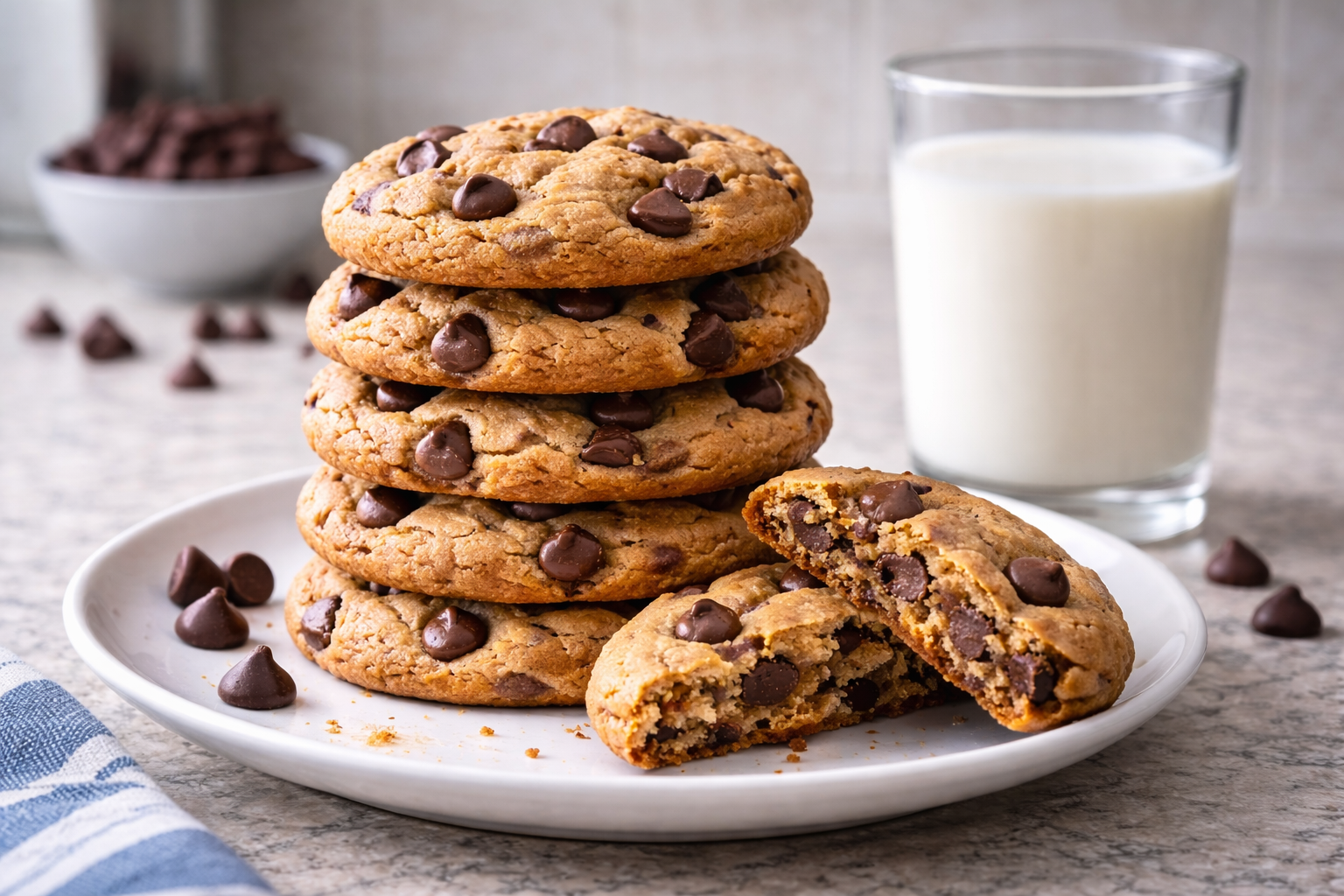 High-protein chocolate chip cookies stacked on plate, healthy anabolic recipe