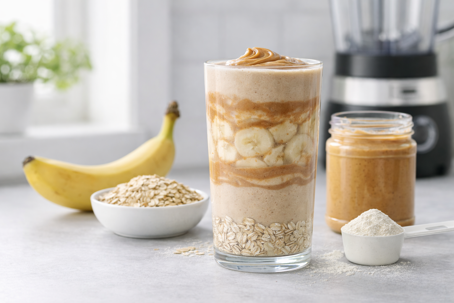 Whey protein shake in glass with measuring scoop and powder