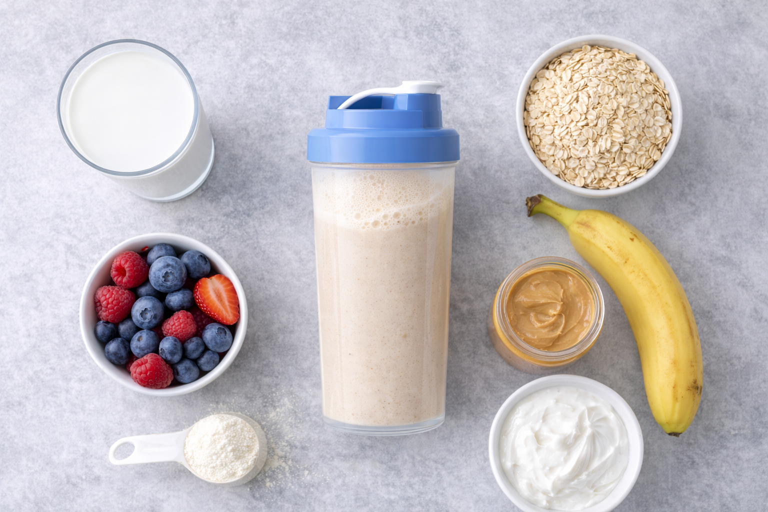 Whey protein powder mixed with milk and fruit in a blender for smoothie