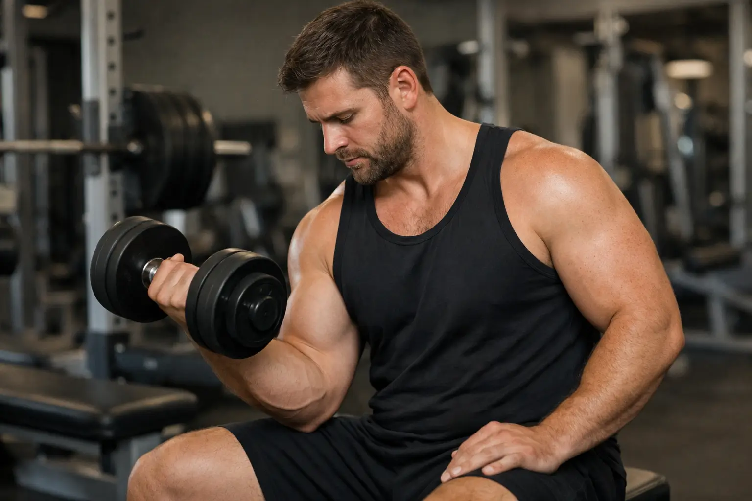Bodybuilder measuring bicep muscle while following bulking diet plan for lean mass gains