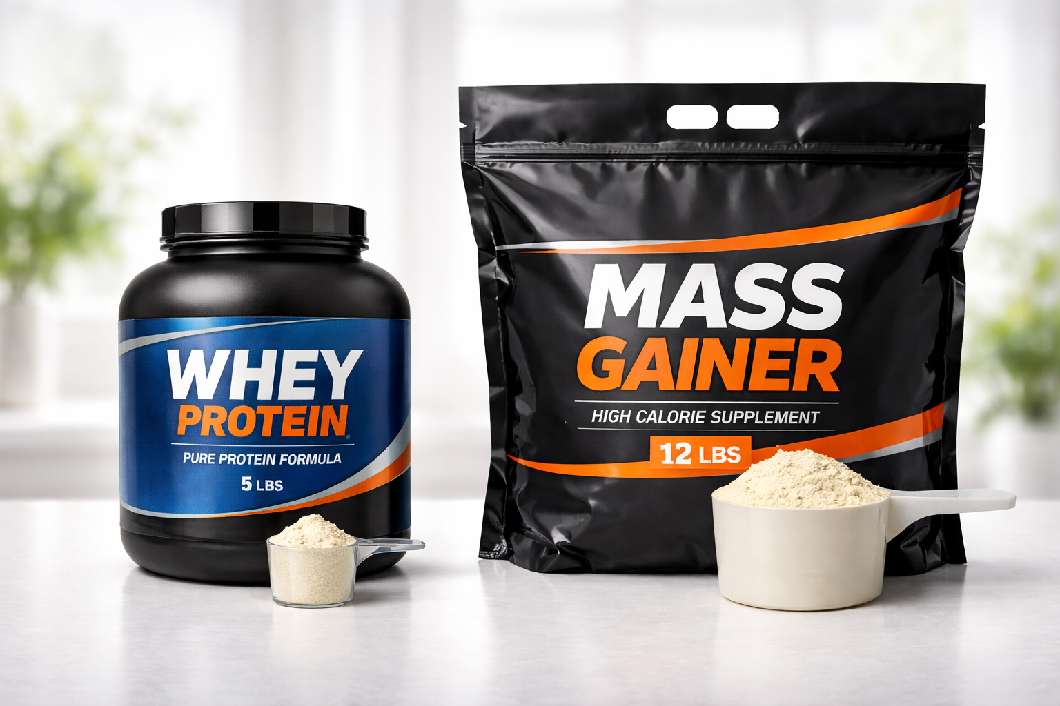 Whey protein powder and mass gainer supplement containers side by side comparison
