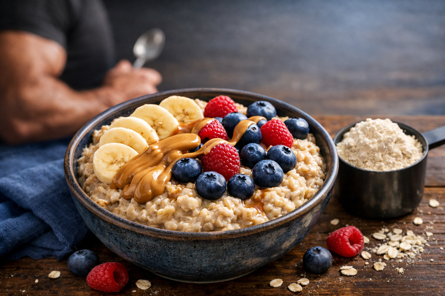 Bowl of oatmeal with protein toppings for muscle building nutrition