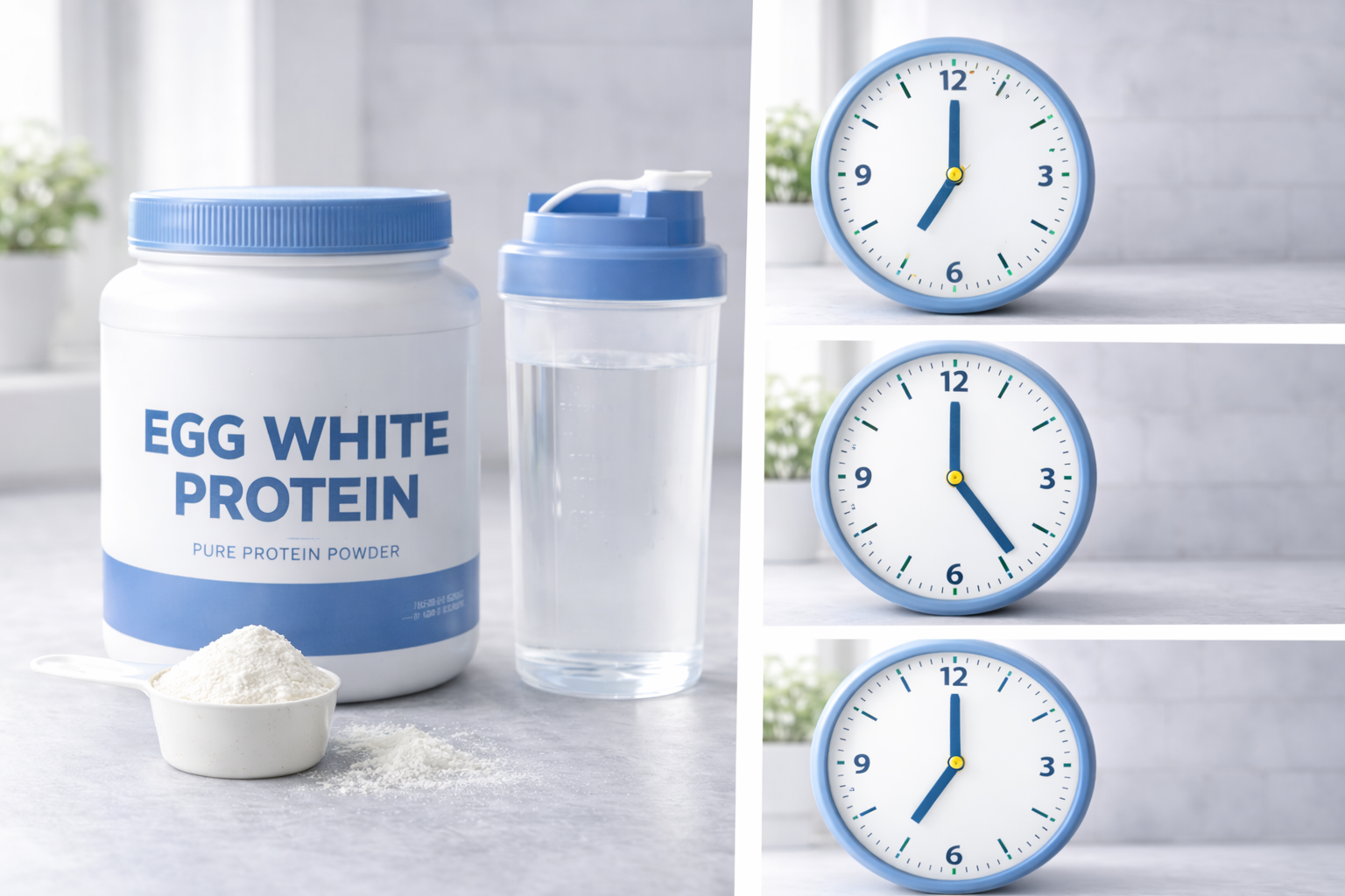 Egg white protein powder in shaker bottle with eggs on wooden table