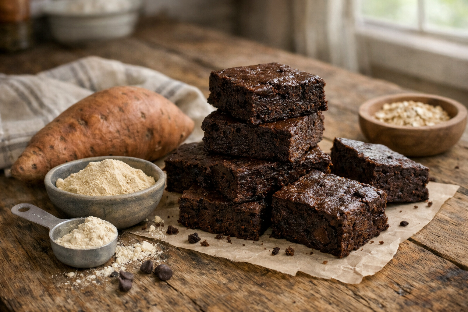Protein Sweet Potato Brownies: Simple Recipe (Only 95 Calories Each!) 3 Protein sweet potato brownies stacked on a plate, low-calorie dessert recipe