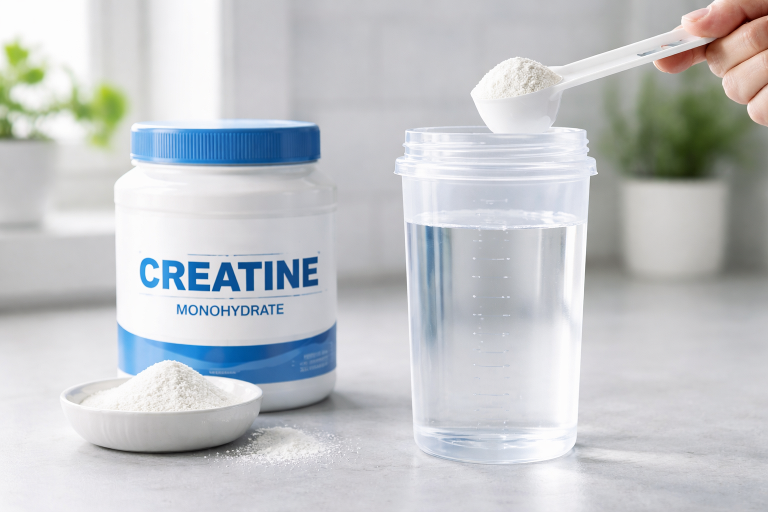 Creatine powder mixed with water and juice in fitness drink glasses