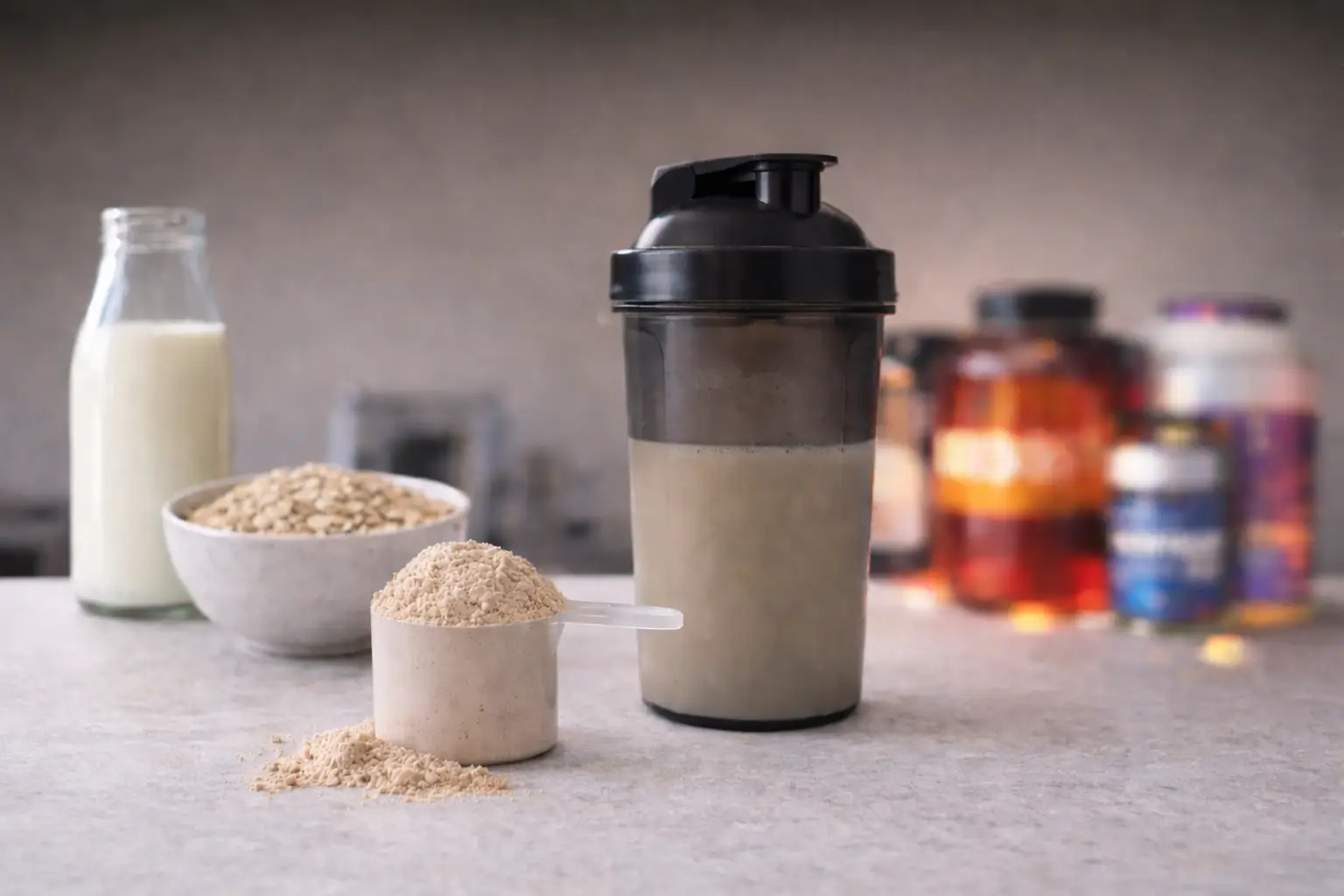 Whey protein powder scoop in measuring cup on wooden surface