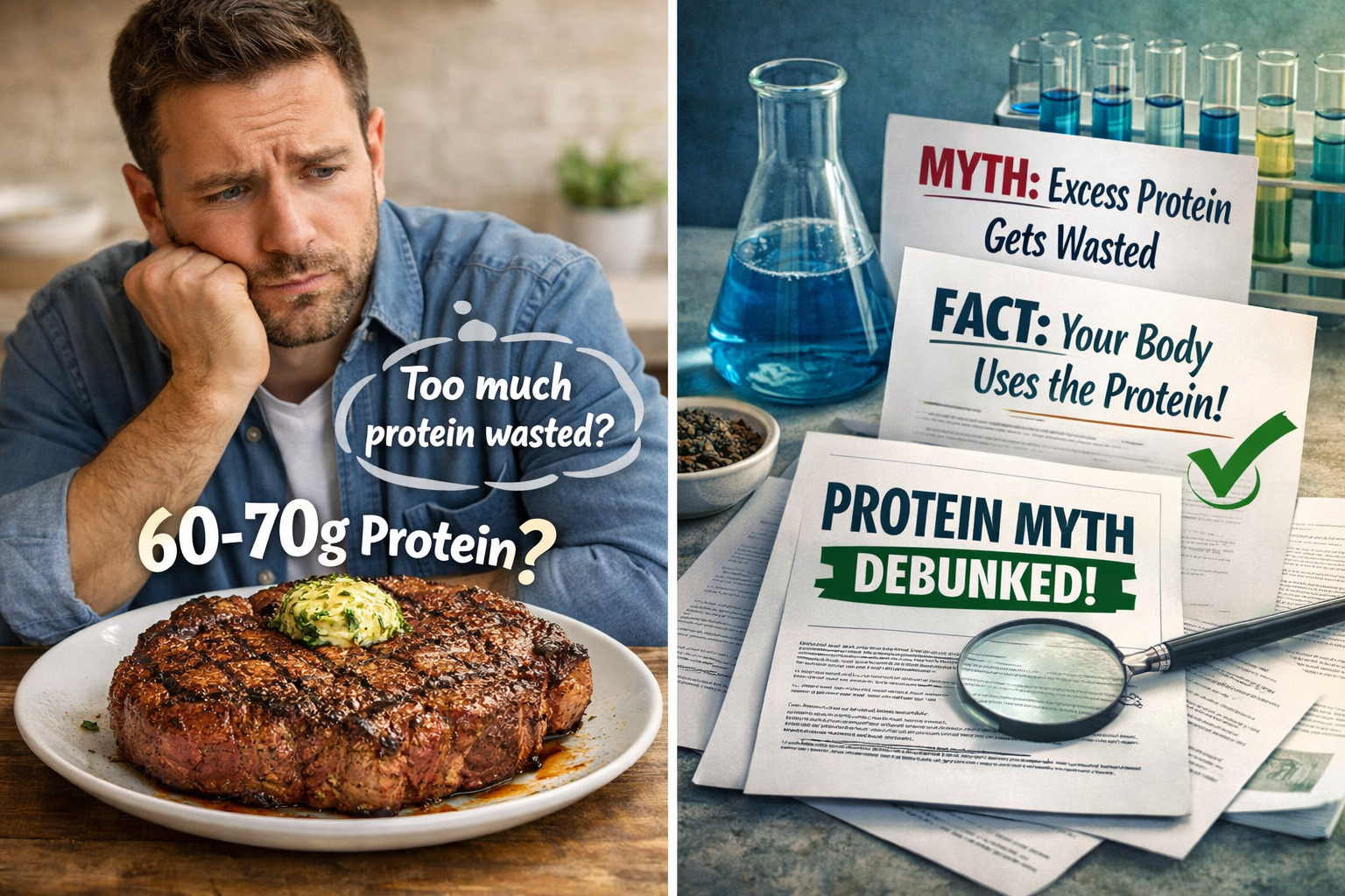 Protein absorption limit per meal concept illustration with scientific data charts