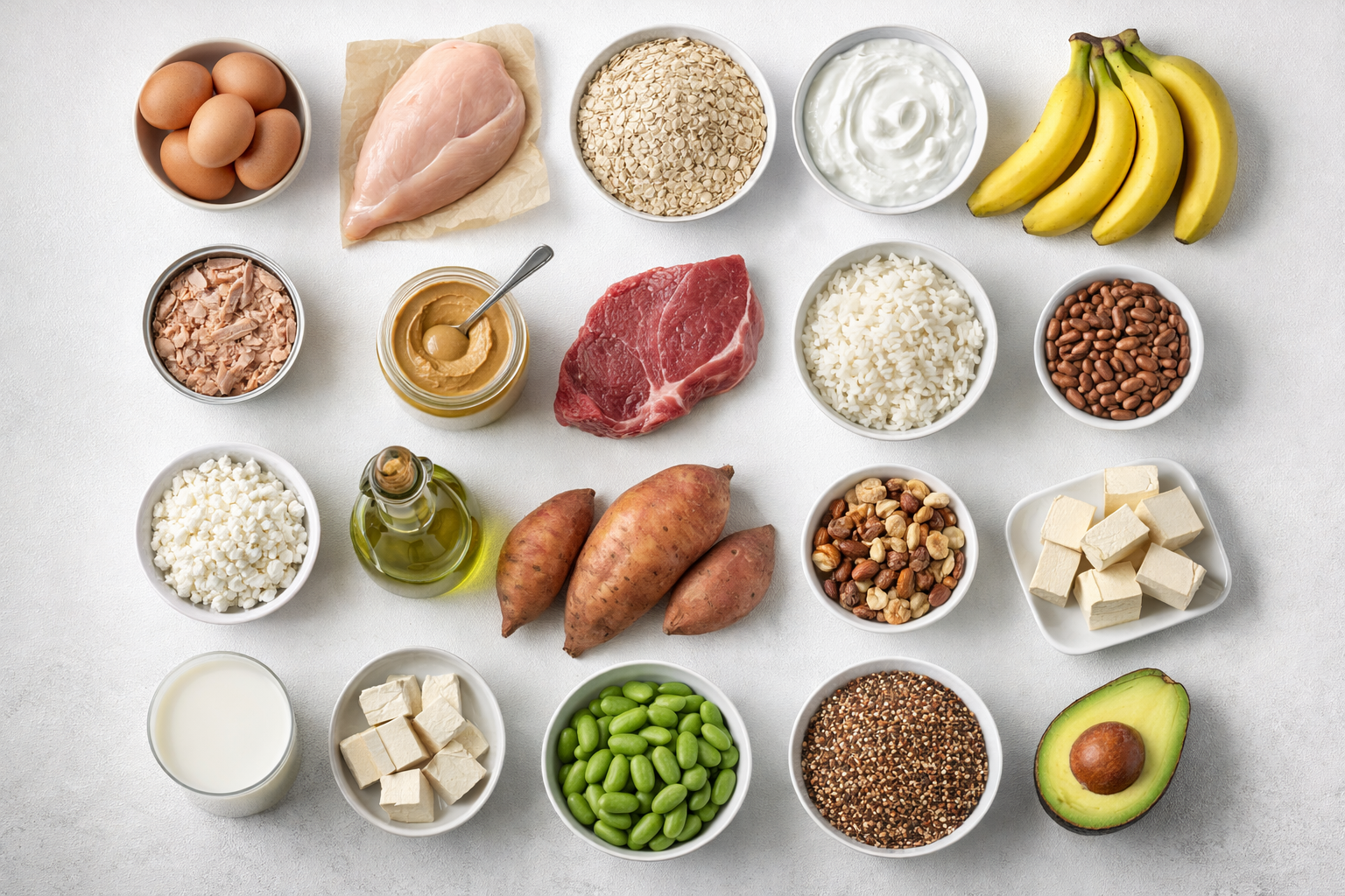 Protein-rich foods for muscle growth including chicken, eggs, fish, and legumes on wooden table