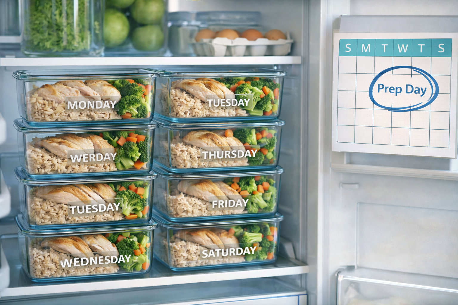Colorful meal prep containers with portioned vegetables, protein, and grains for weekly meal planning