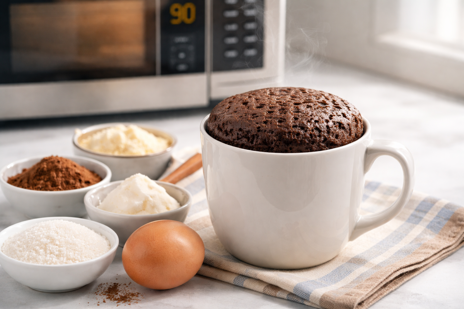 Low carb chocolate mug cake in ceramic mug with nutritional information displayed
