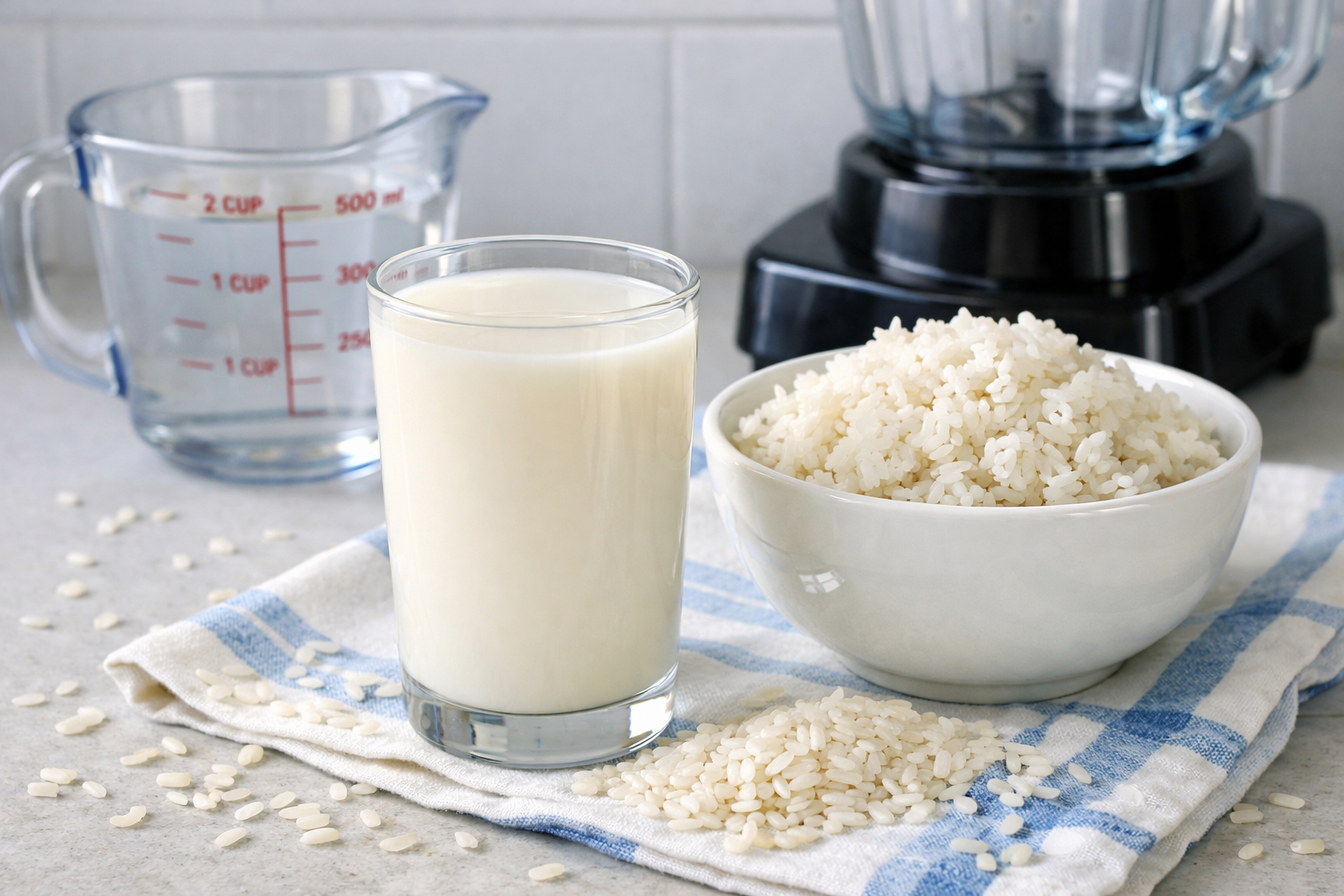 Homemade rice milk in glass with raw rice grains for muscle growth nutrition