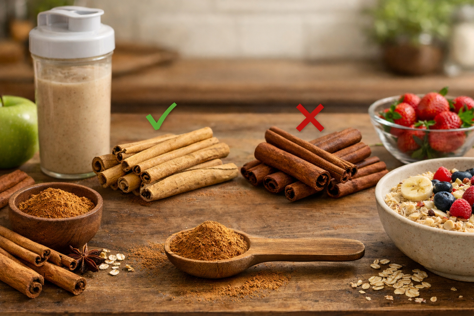 Cinnamon powder and sticks on wooden surface for muscle growth and fat loss
