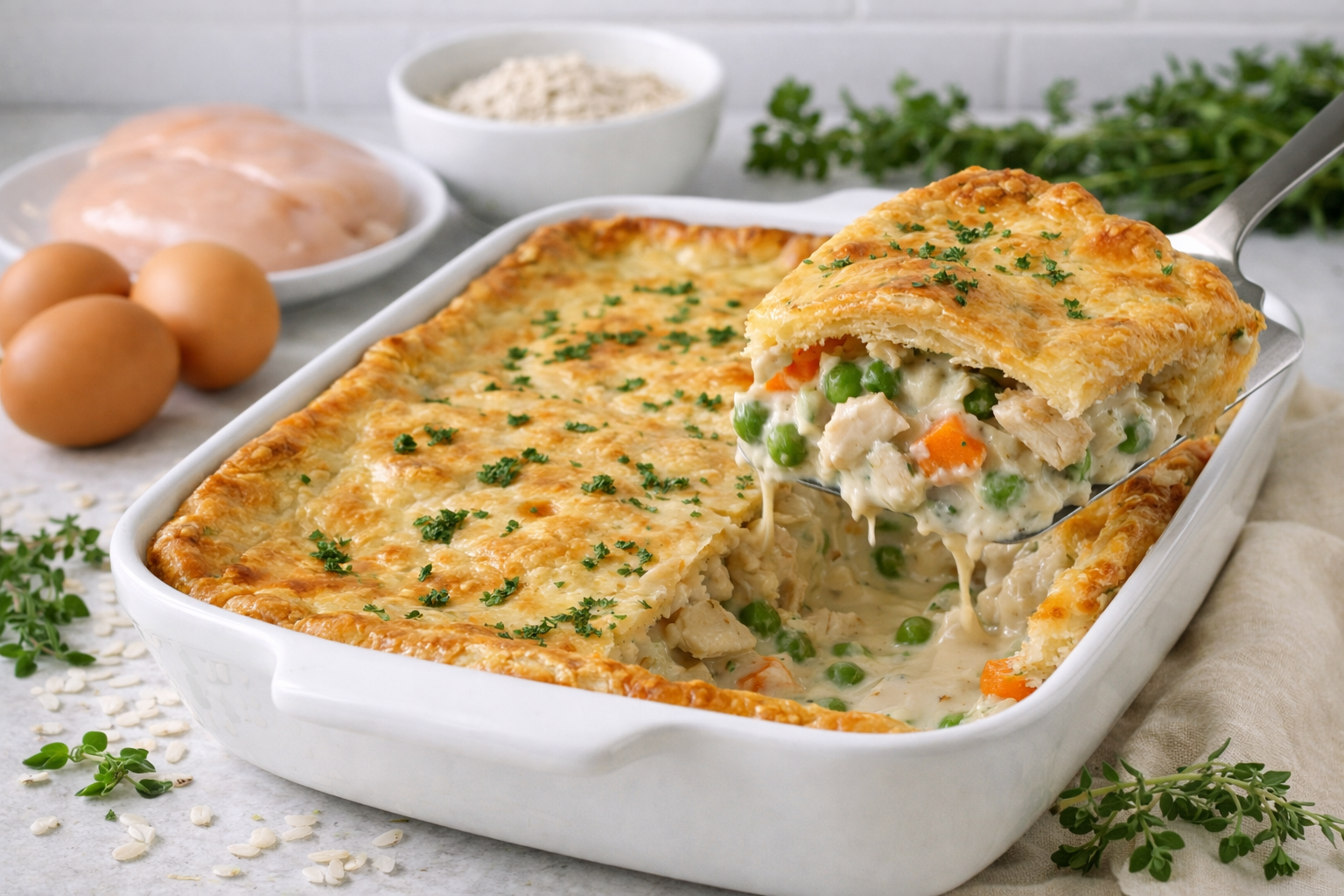 Healthy homemade chicken pot pie with vegetables and creamy sauce in white bowl