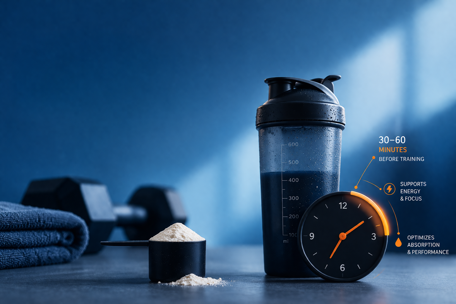 Person checking watch during workout with pre-workout supplement on table nearby