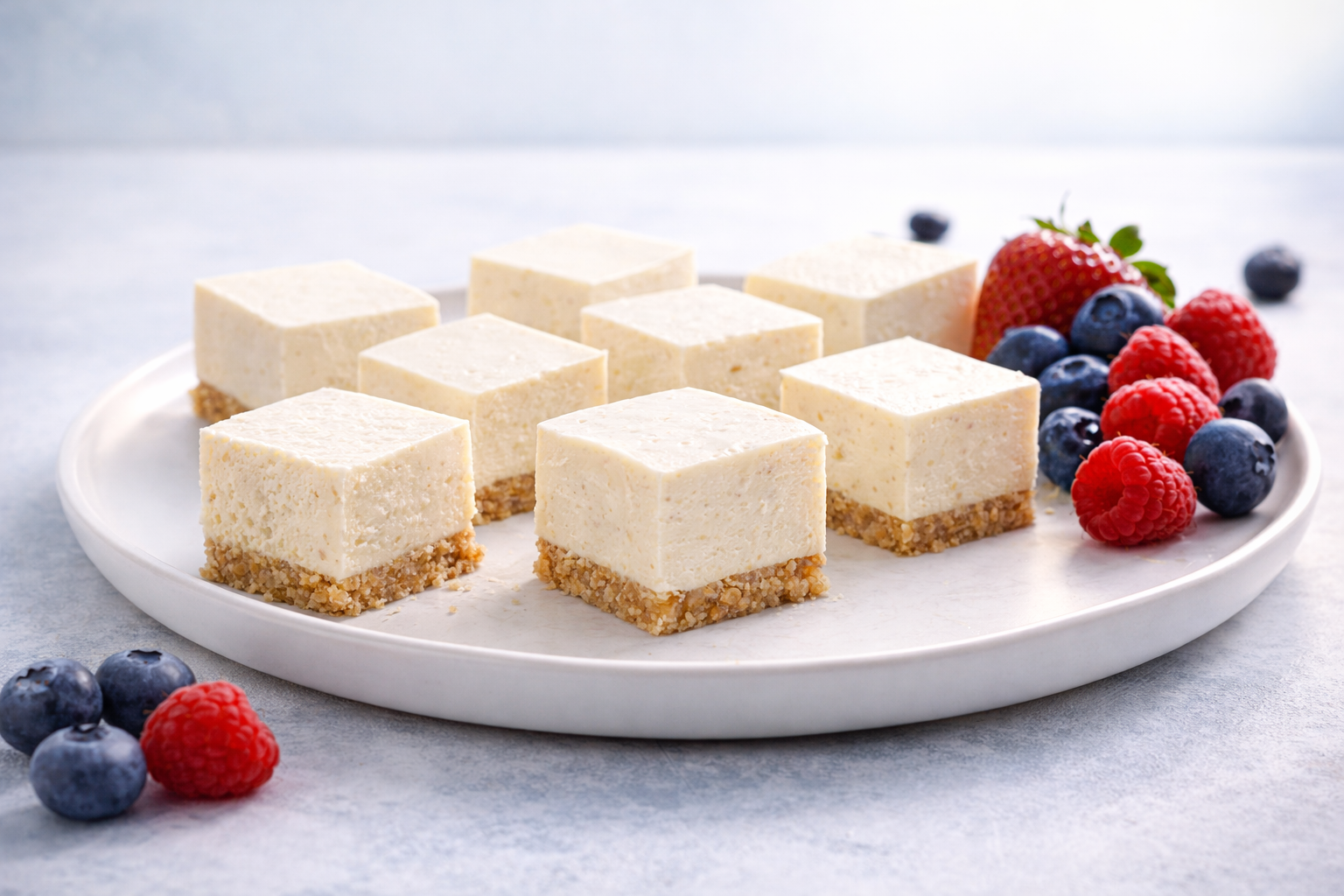 High-protein no-bake cheesecake bites on white plate, low-calorie fitness snack