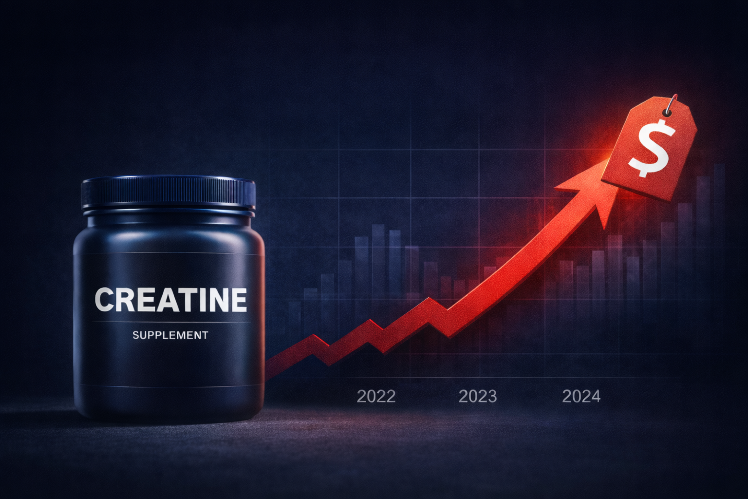 Creatine supplement powder in a scoop with containers showing product cost and pricing