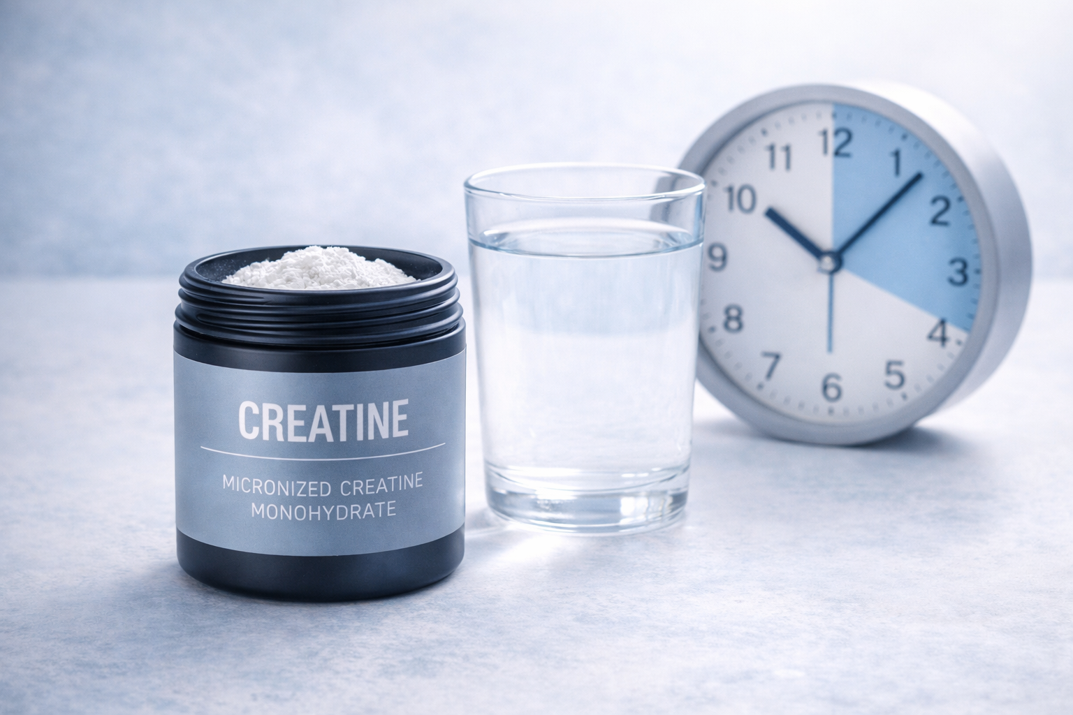 Creatine powder supplement in measuring scoop during intermittent fasting period