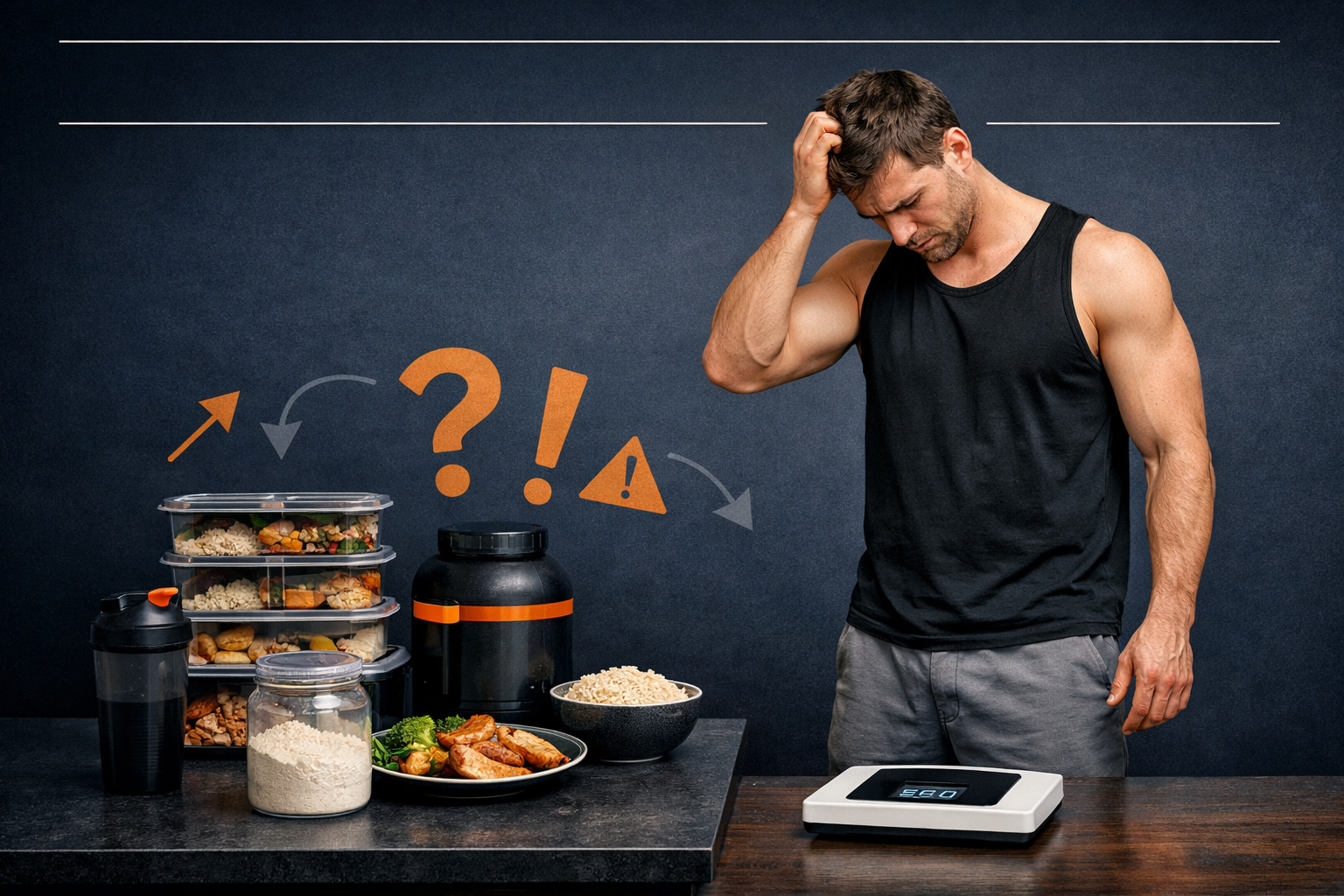 Man measuring body weight on scale during bulking phase workout