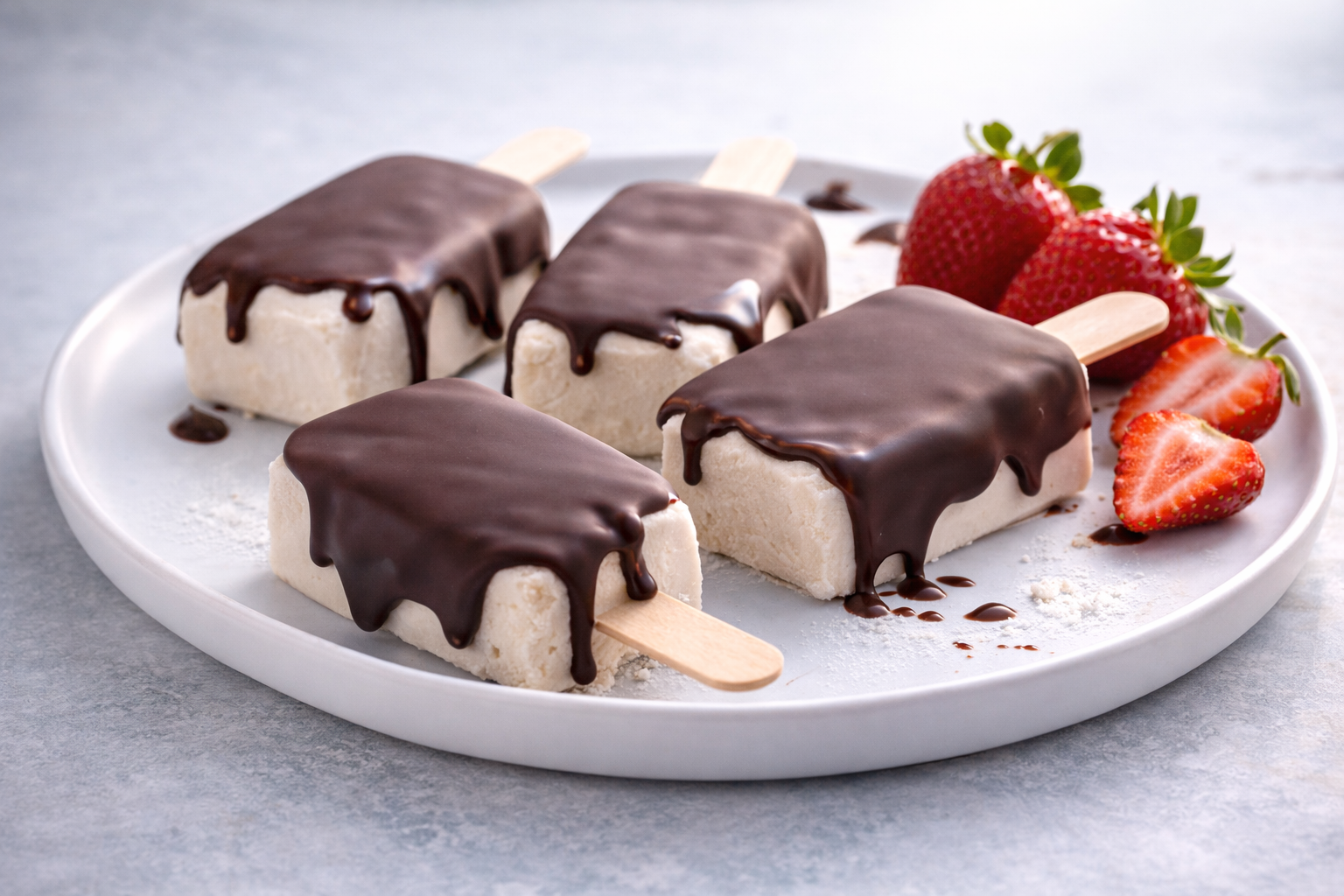 Homemade protein ice cream bars on a stick, low-calorie frozen treat