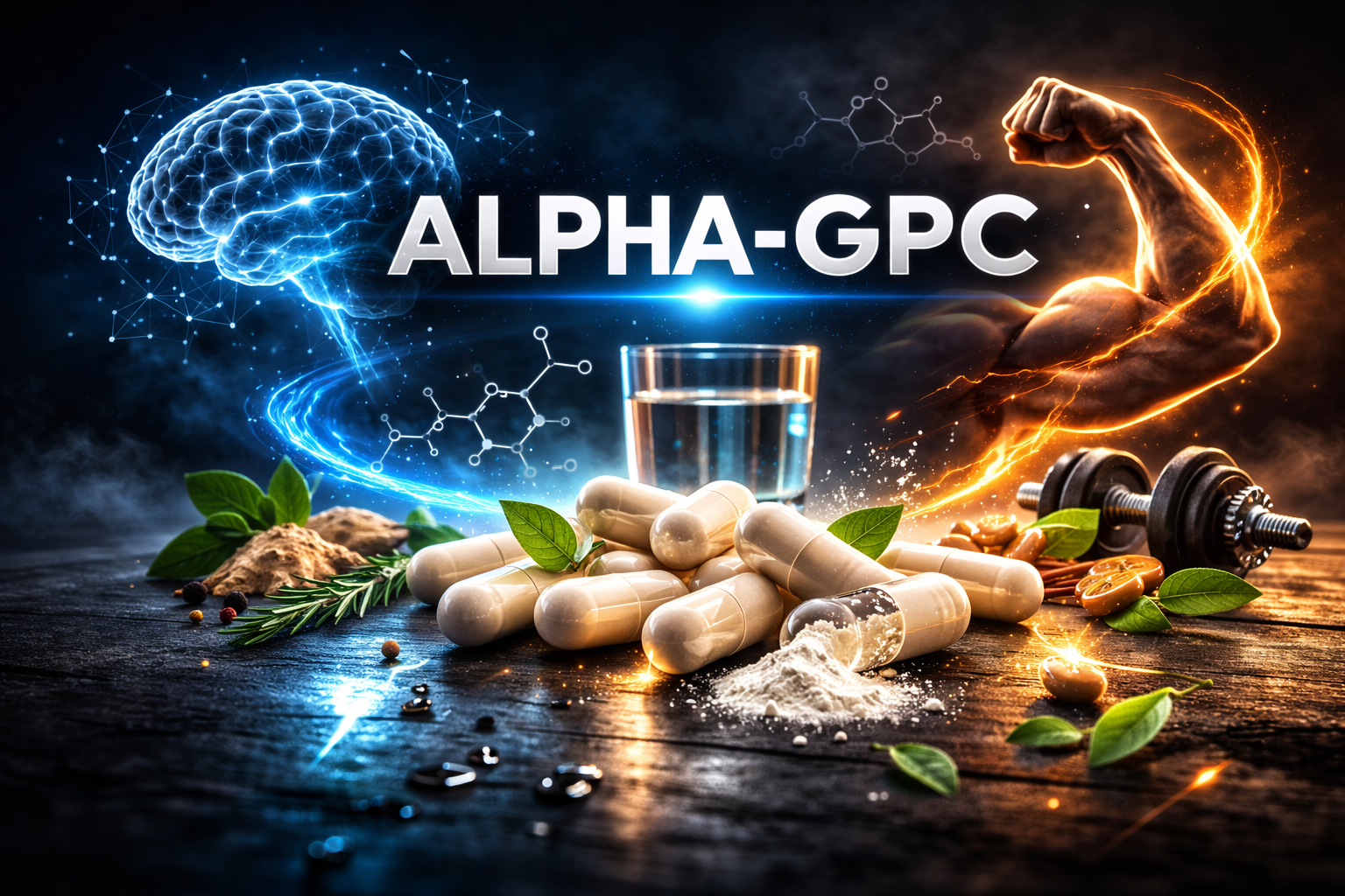 Alpha-GPC supplement powder and capsules for strength and cognitive enhancement