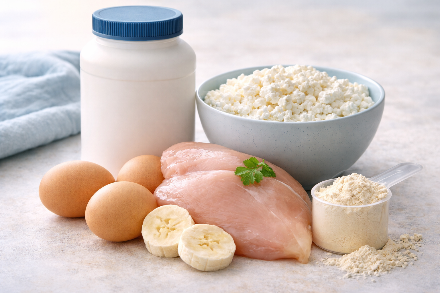 Protein-rich foods including eggs, Greek yogurt, cottage cheese, and legumes on a table