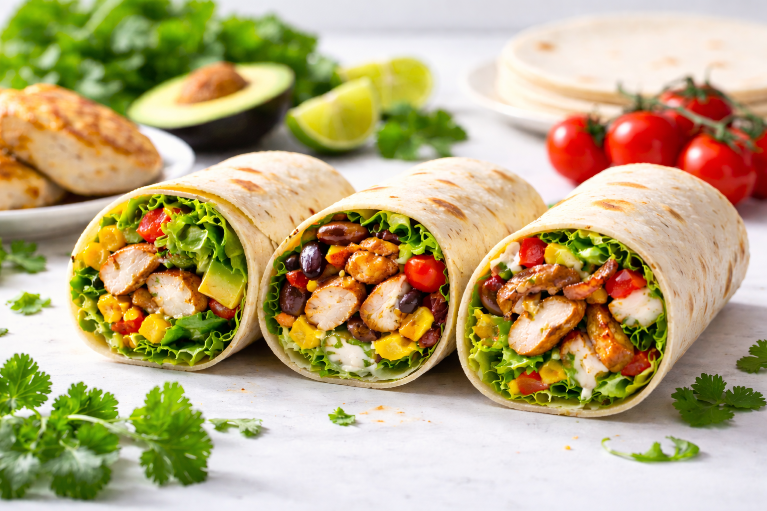 Healthy chicken wrap with fresh vegetables and protein filling on wooden surface