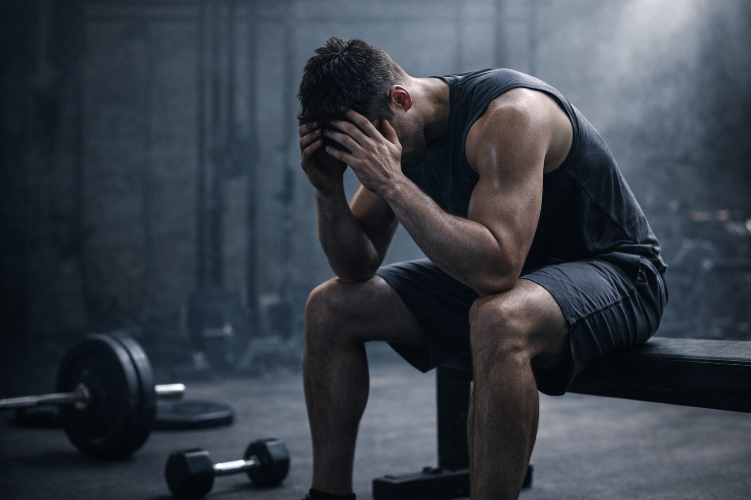Overtraining Syndrome: 7 Signs You're Training Too Hard (And Losing Muscle) 4 Exhausted athlete showing signs of overtraining syndrome and muscle fatigue during workout