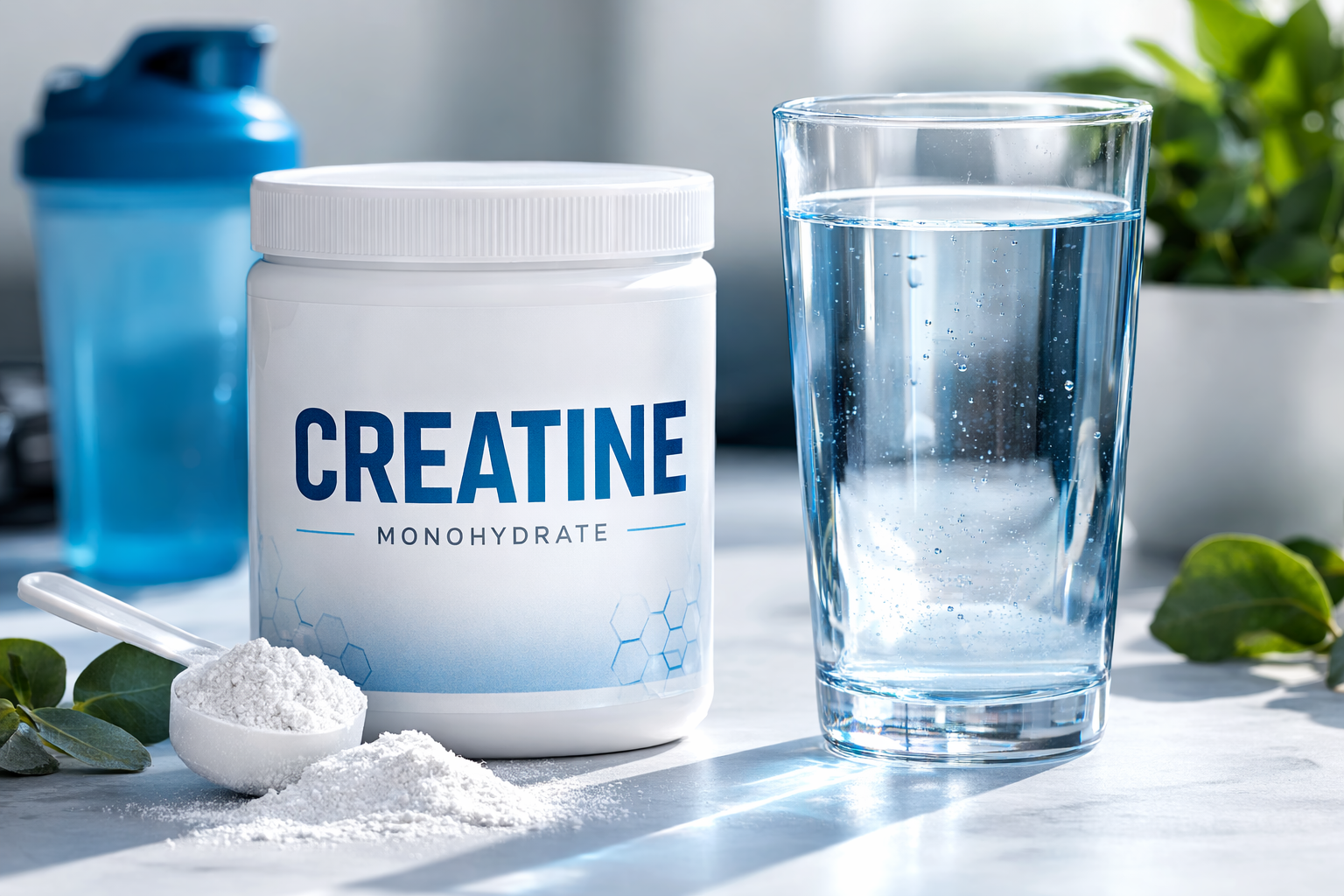 Athlete drinking water while holding creatine supplement container