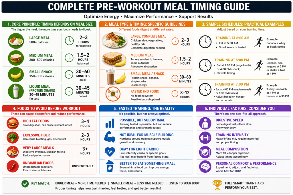 Pre-workout meal timing guide showing food and exercise preparation