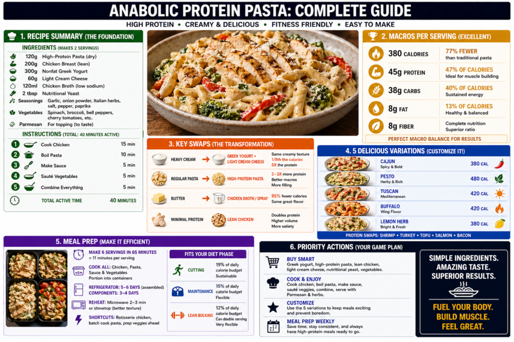 Creamy high-protein pasta bowl with 45g protein and 380 calories, anabolic fitness recipe