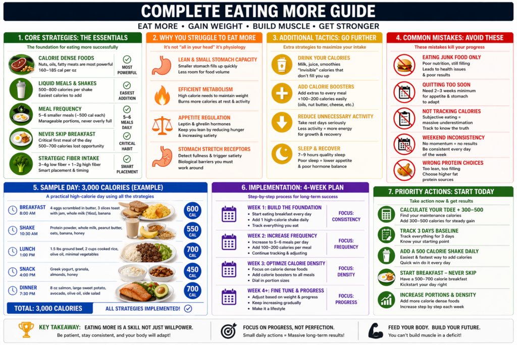 How to Eat More: 5 Strategies When You're Never Hungry 6 Woman eating high-calorie food to increase daily calorie intake for fitness goals