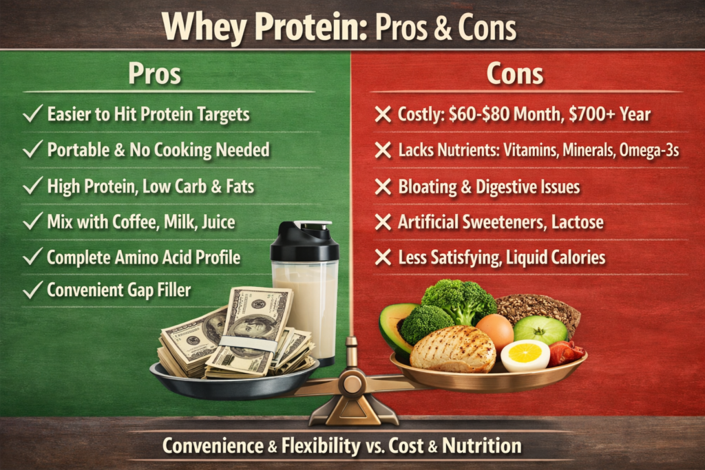 Whey protein powder scoops and shaker bottle for multiple daily servings