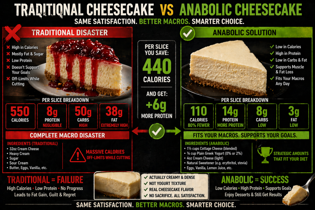Anabolic protein cheesecake slice on plate, low-calorie fitness dessert