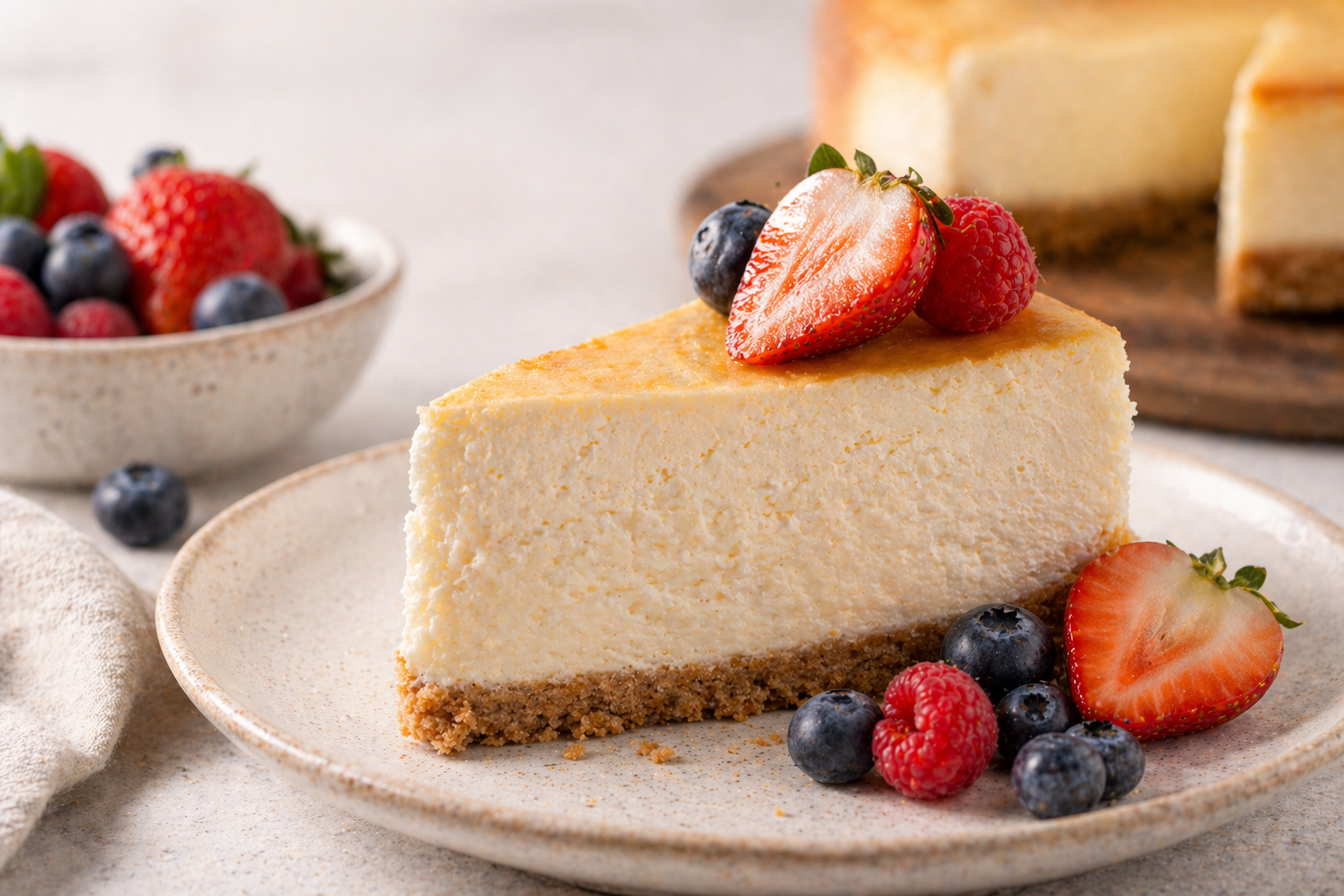 Sliced anabolic protein cheesecake on white plate, low-calorie dessert