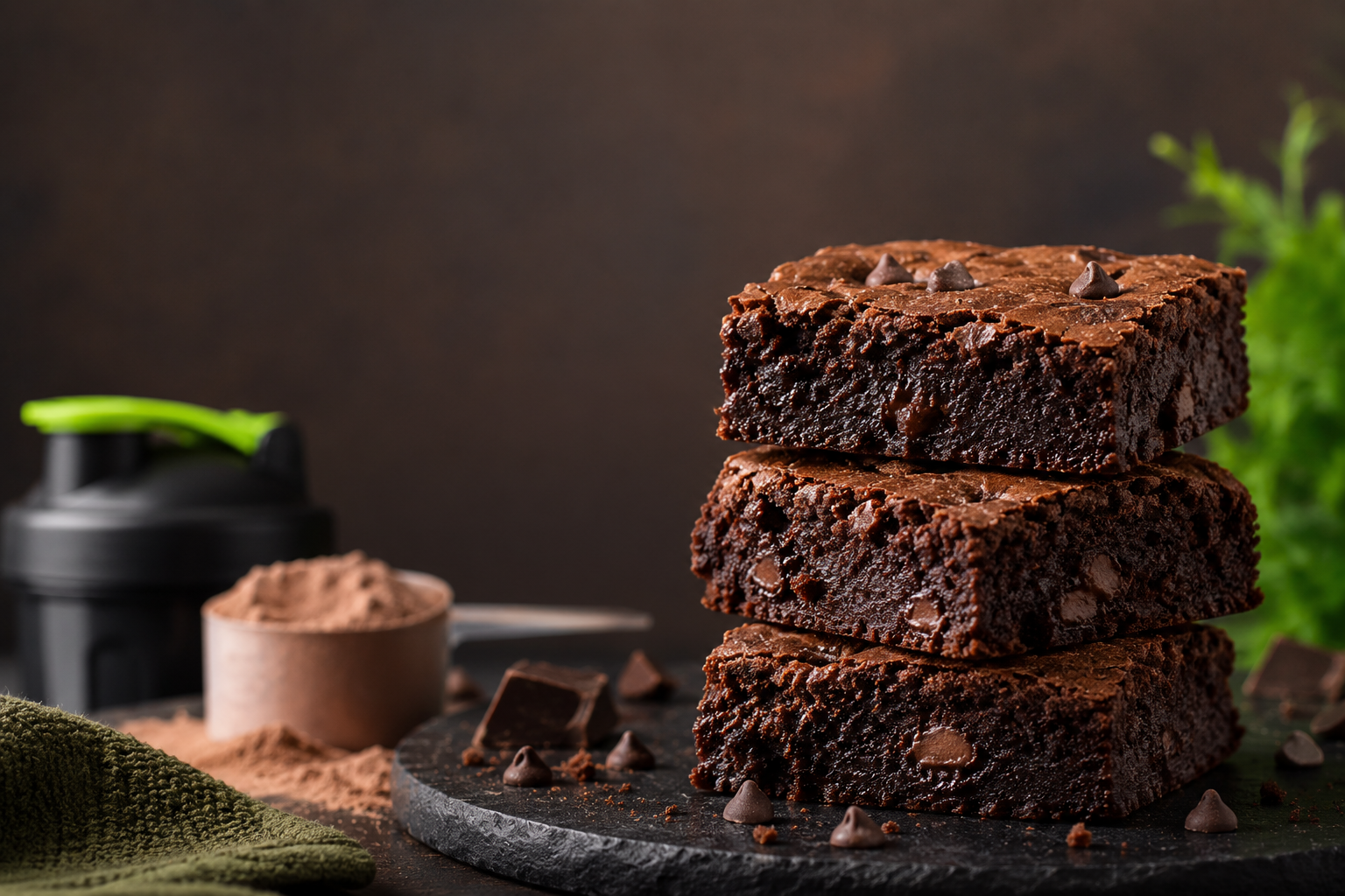 Fudgy high-protein brownies stacked on a plate, 22g protein, 140 calories per serving
