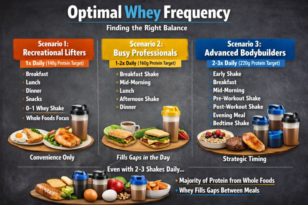 Multiple protein shakes in glasses arranged on a table with fitness equipment nearby