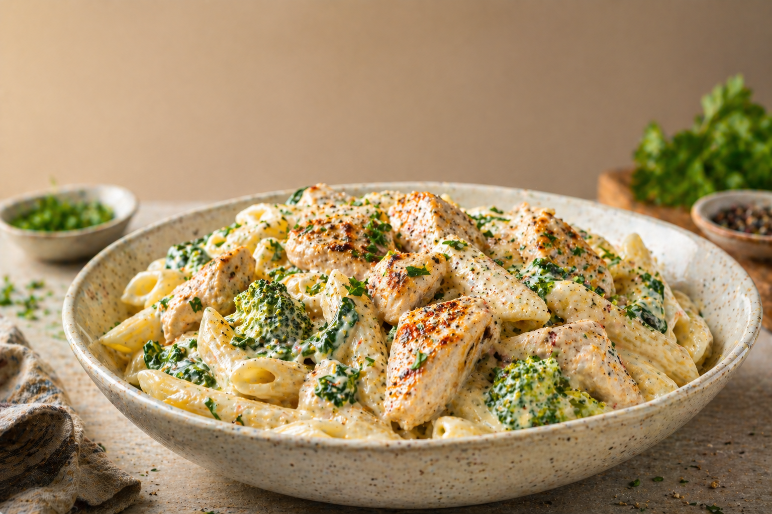 Creamy high-protein pasta dish with 45g protein and 380 calories per serving