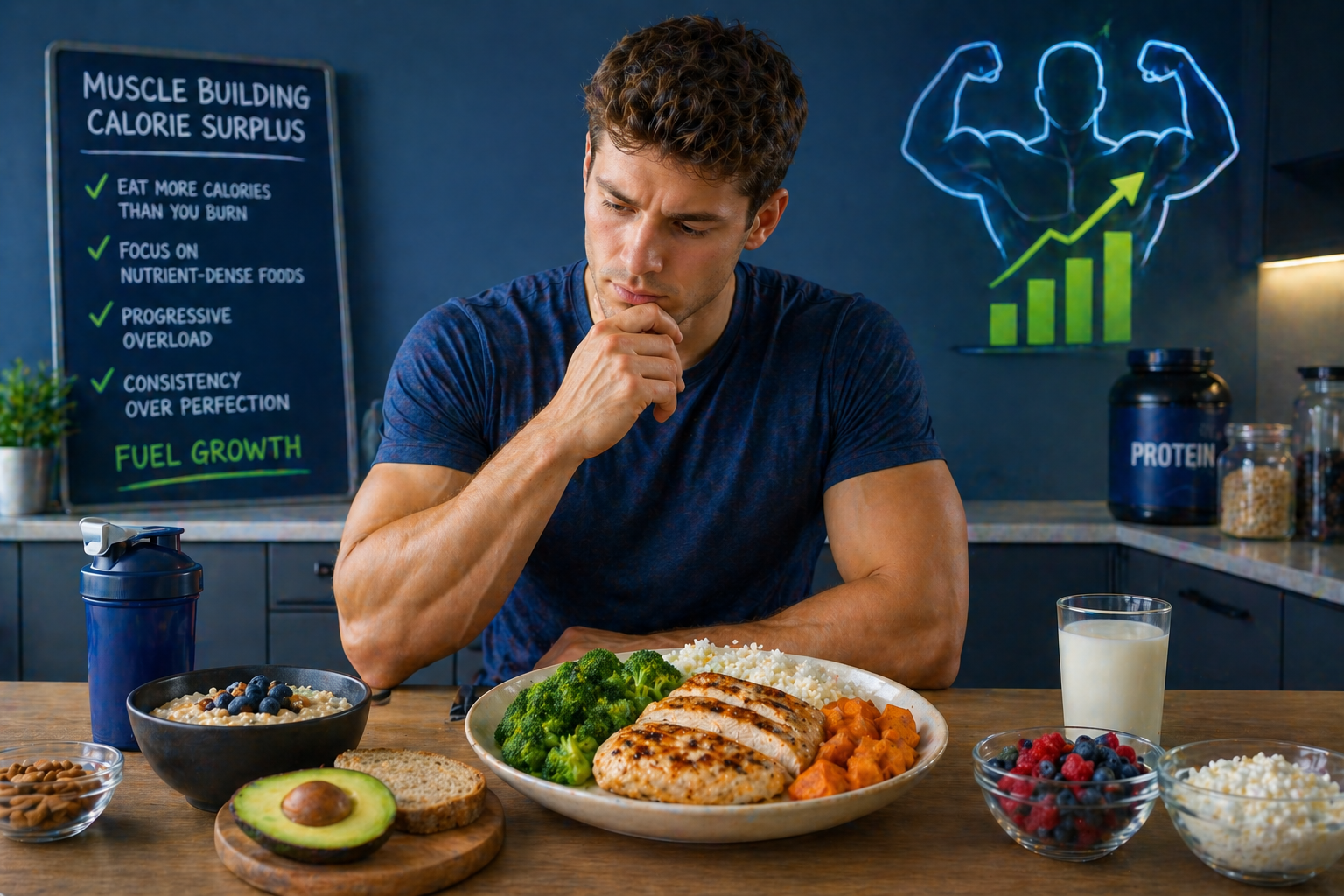 Athlete eating large meal for muscle building caloric surplus
