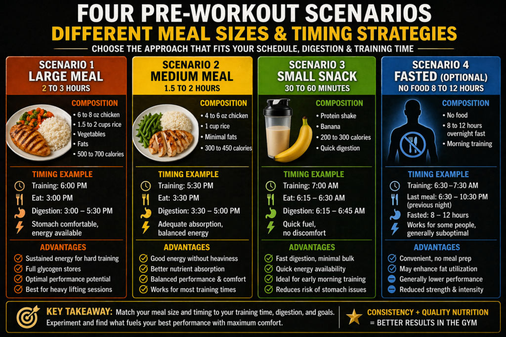 Pre-workout meal timing guide showing healthy food options and exercise preparation