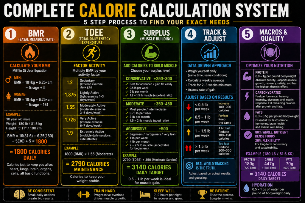Caloric surplus concept for muscle building nutrition and fitness gains