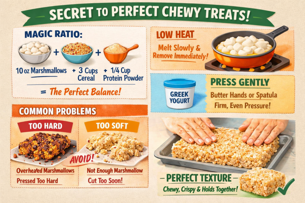 Protein Rice Krispie treats stacked on white surface, low-calorie no-bake recipe