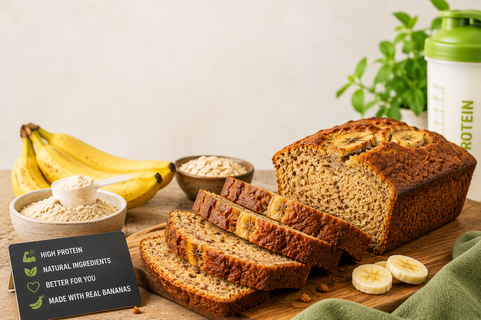 Moist protein banana bread slice with nutritional information for fitness article