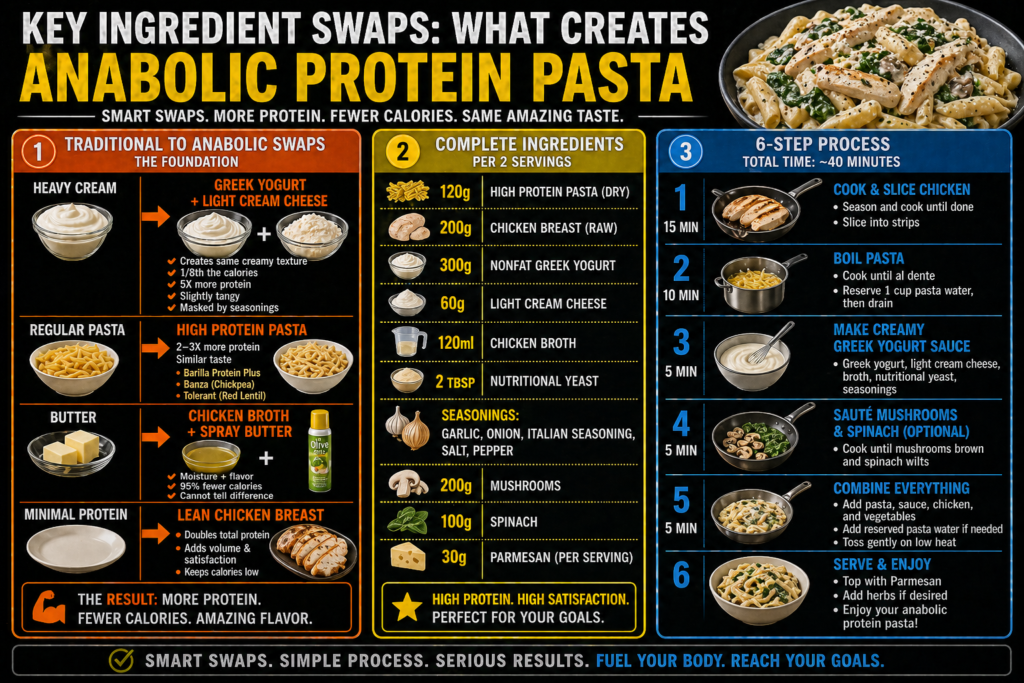 Creamy high-protein pasta dish with 45g protein and 380 calories per serving