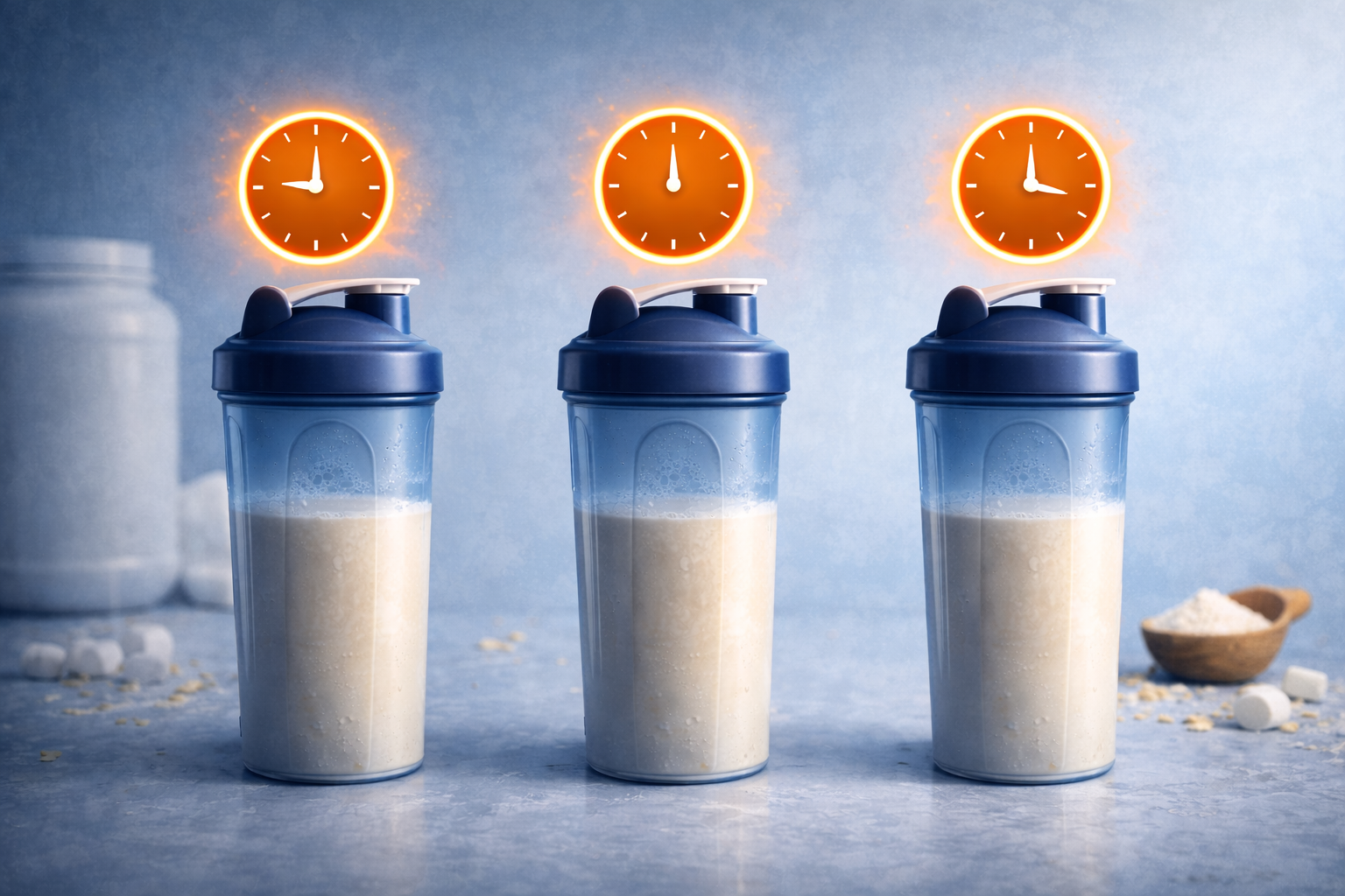 Multiple whey protein shakes in glasses arranged on a fitness table with dumbbells