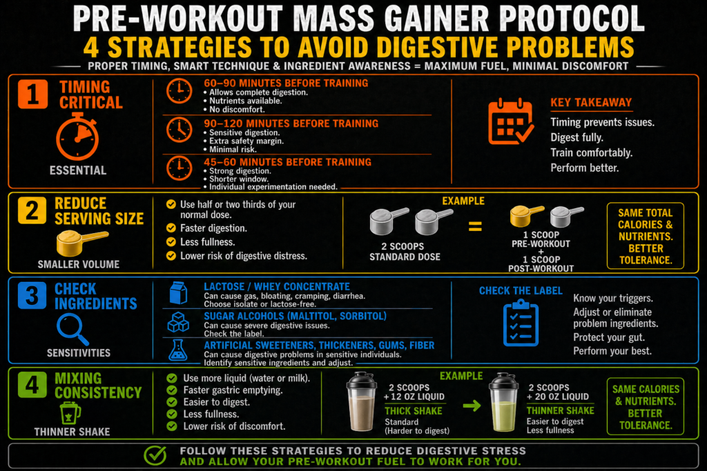 Mass gainer shake with protein powder and ingredients for pre or post workout nutrition timing