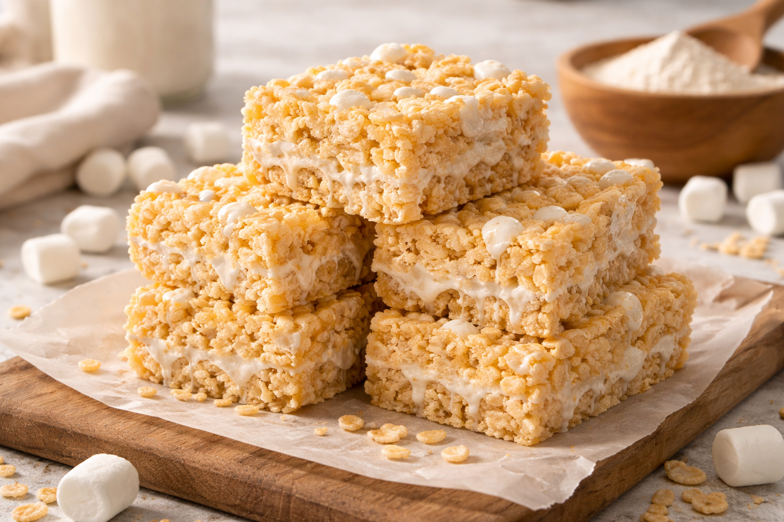 Protein Rice Krispie treats stacked on white surface, low-calorie no-bake recipe